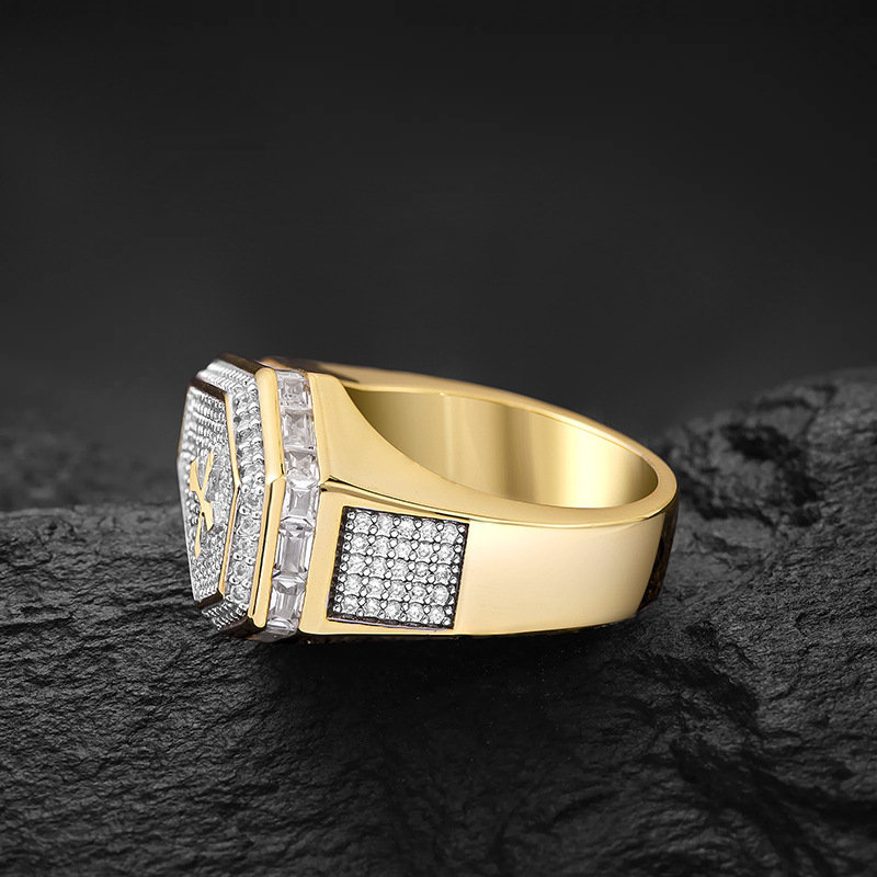 Luxury Jewelry Designer Brand Trendy Cross Cubic Zirconia Hip Hop Men's Hexagonal Full Diamond Personalized Bold Moissanite Ring