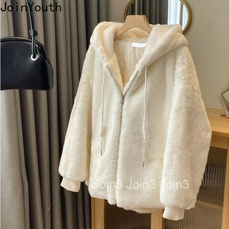 2025 Winter Clothing Hooded Lamb Wool Coat for Women Ropa Mujer Cute White Zipper Outwear Thicked Warm Japanese Y2k Jackets Tops