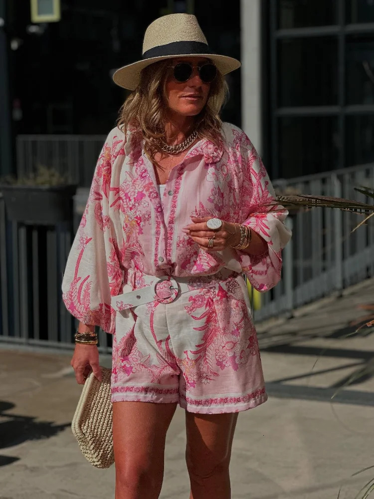 Vintage Printed Lantern Sleeve Button Shirt Set Casual Elastic Waist Wide Leg Short Pants Suit For Women 2025 Summer Street Wear 250617