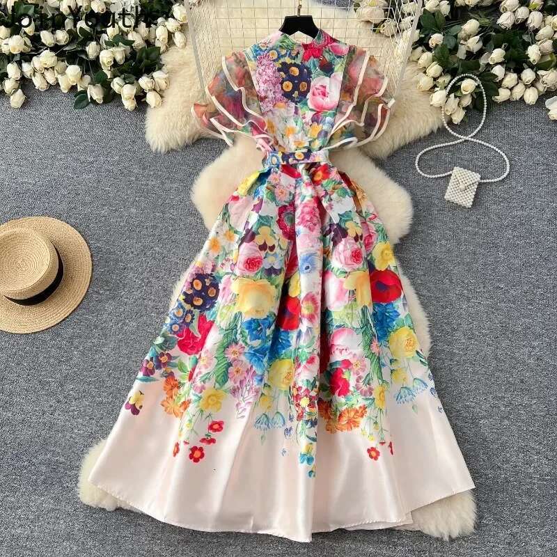Elegant Woman Dress V-neck Bandage Tunic Robe Femme Women Clothing 2025 Vestidos De Mujer Floral Big Swing Gauze Summer Dresses