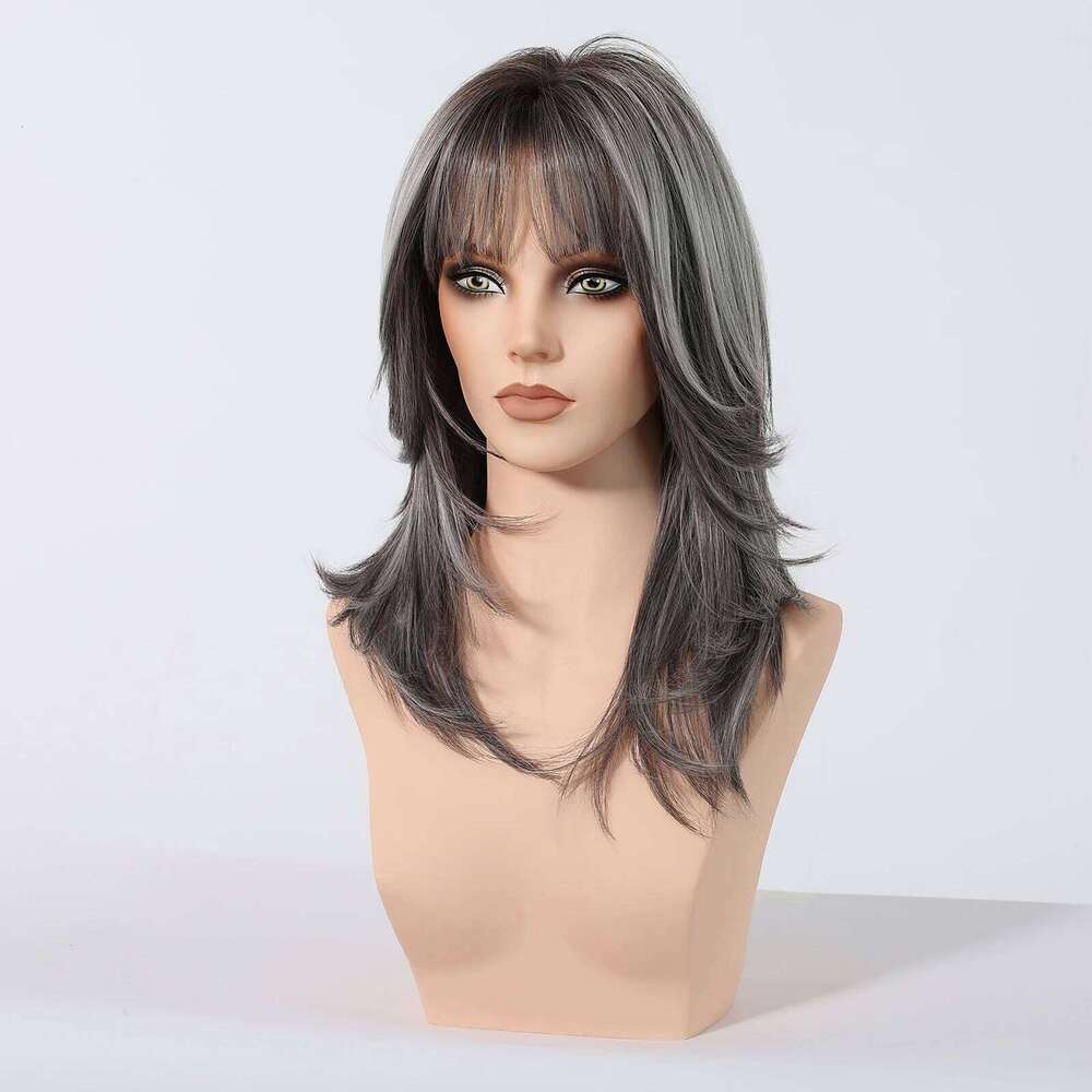 Medium Length Straight Gray Layered Synthetic Wigs With Bangs For Women Party Cosplay Natural Heat Resistant Fake Hair