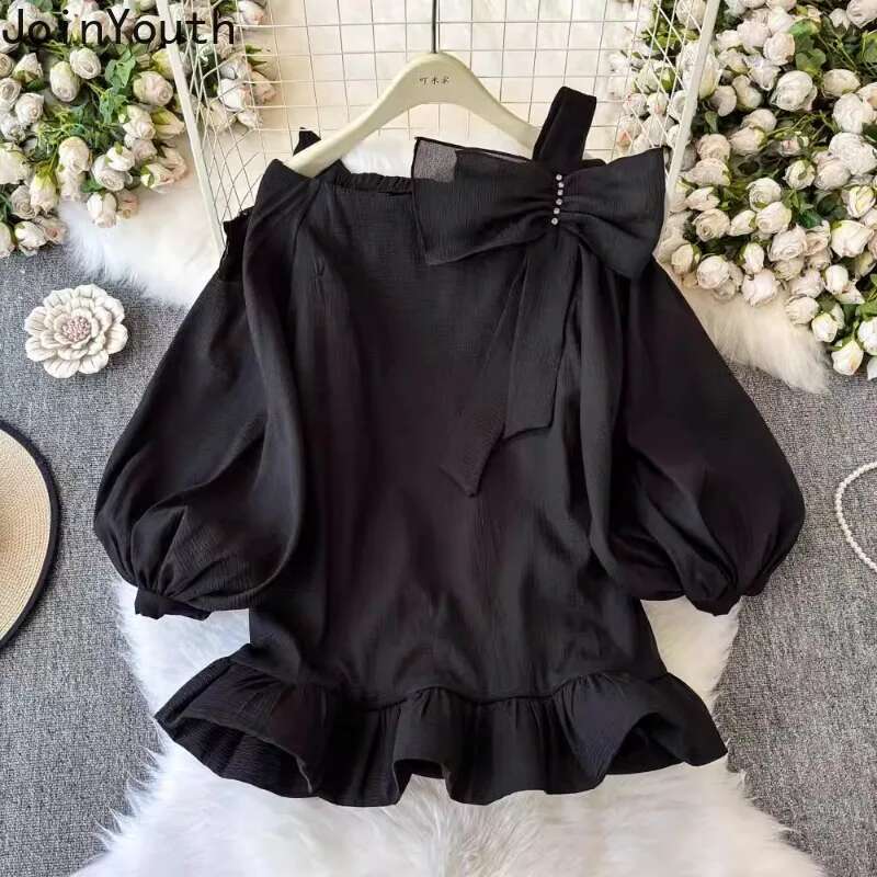 2025 Women Clothes Chic Blouses Camisas De Mujer Slash Neck Diamond Bow Puff Sleeve Shirts Solid Color Ruffles Summer Blouse Top