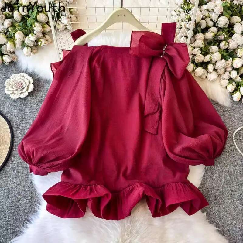 2025 Women Clothes Chic Blouses Camisas De Mujer Slash Neck Diamond Bow Puff Sleeve Shirts Solid Color Ruffles Summer Blouse Top