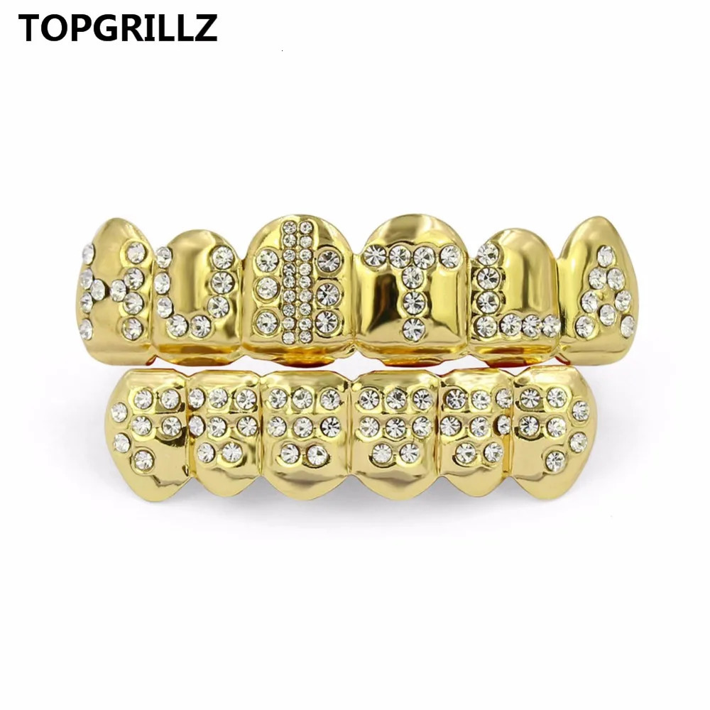 TOP Gold Color Plated Iced Out Letter CZ Stone Hip Hop Teeth For Mouth Caps Top Bottom Grills Set Classic tooth 250613