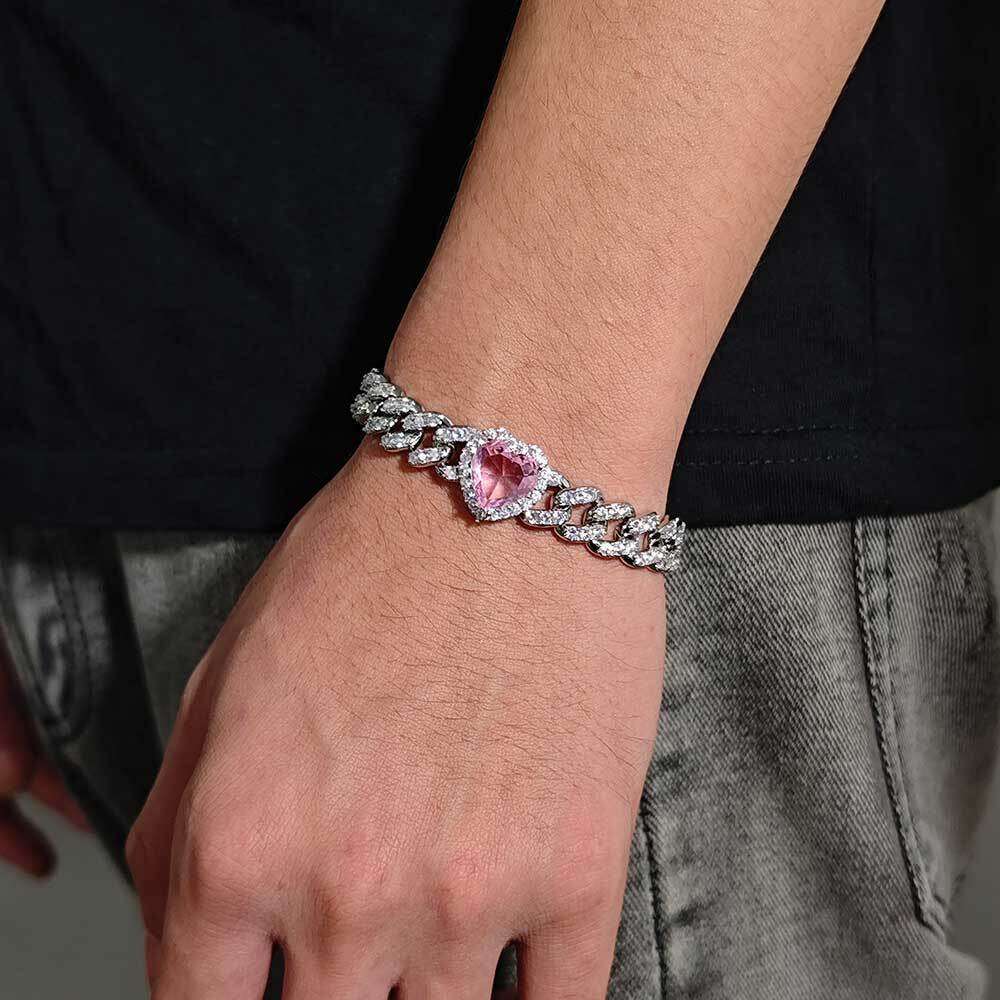 10mm Pink Zircon Accessories Hip Hop Heart Cuban Chain Women's Bracelet 0656