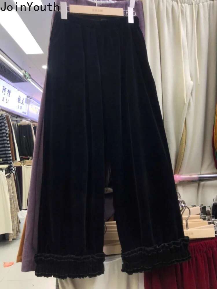 Vintage Velvet Women Wide Leg Pants High Waist Straight Tuffles Pantalon Femme Straight Loose Thicked Trousers 2025 New Bottoms