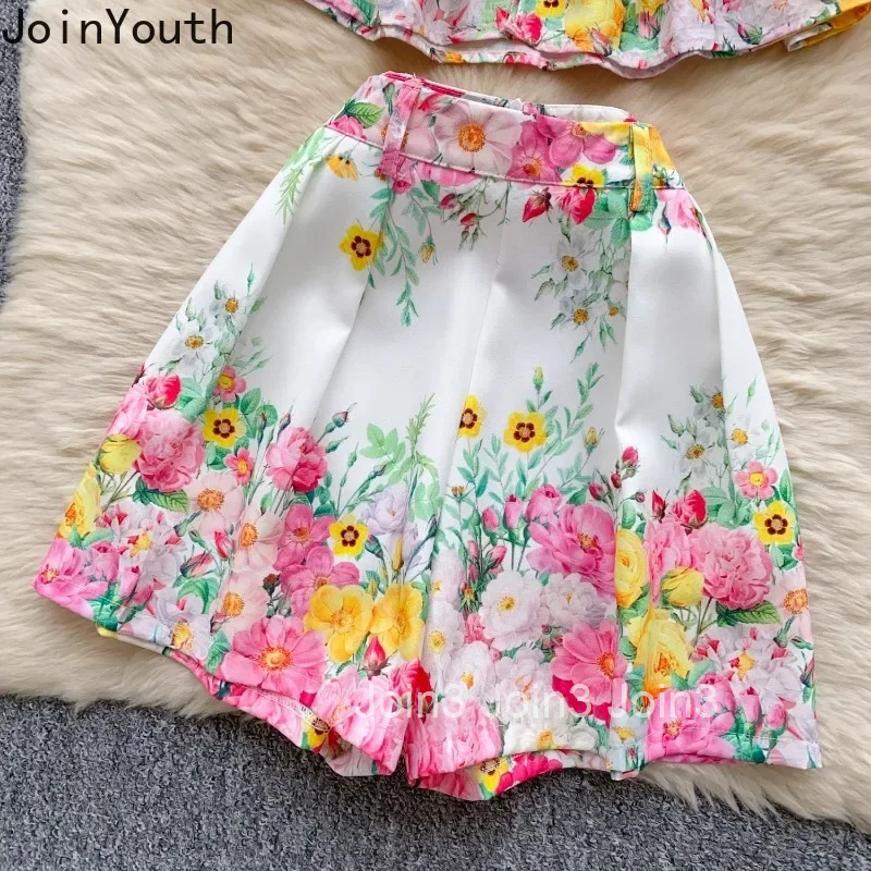 Summer Women Clothing Floral Two Piece Sets Stand Neck Slim Waist Shirt High Waist Wide Leg Shorts Outfits Vintage Korean Suit