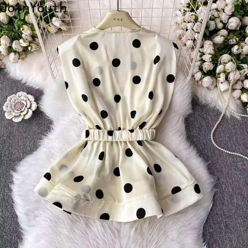 Sleeveless Polka Dot Blouses 2025 Women Clothing V-neck Slim Waist Shirts Folds Ruffles Vintage Blouse Tops Camisas De Mujer