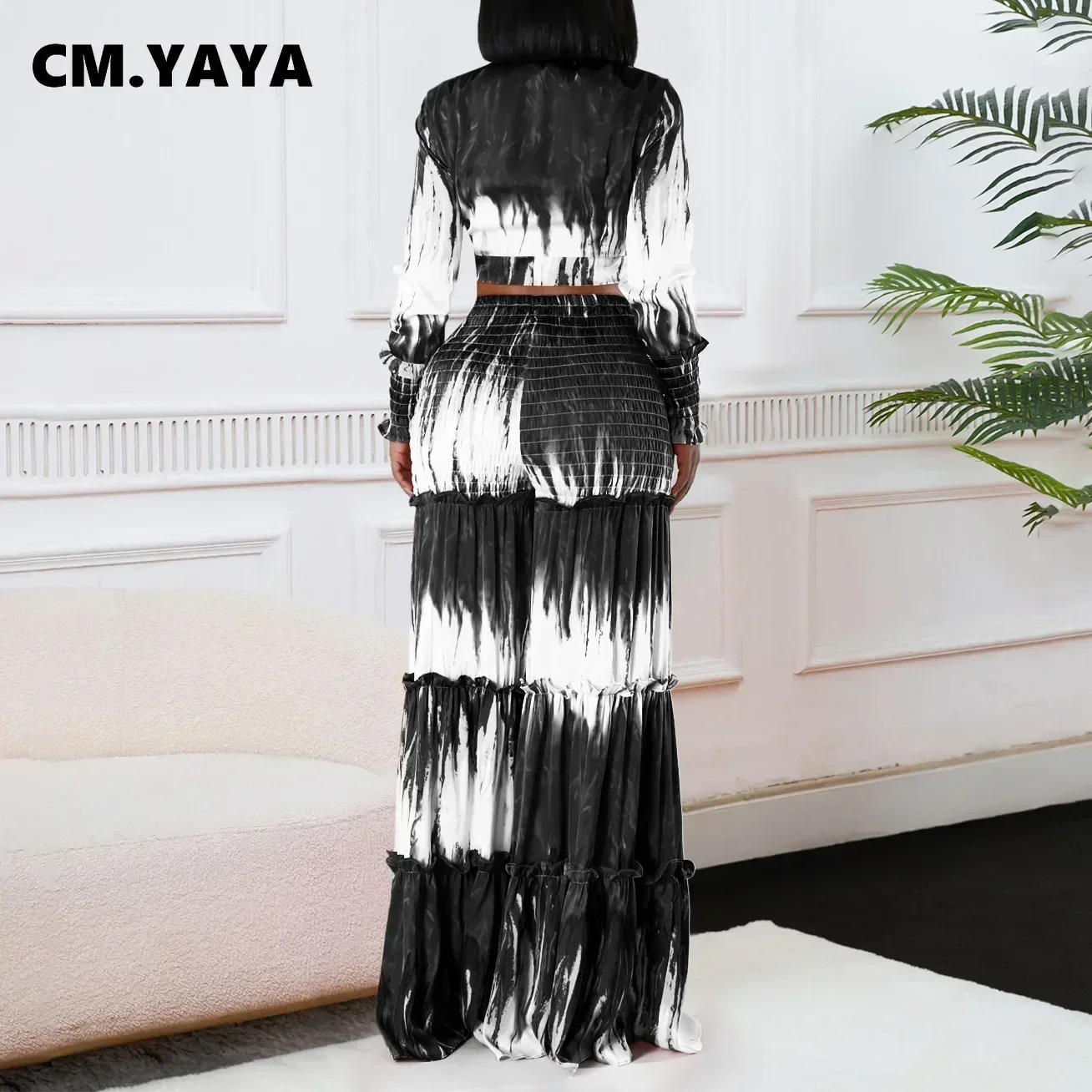 CM.YAYA Womens Set Gradient Printed Tie Up Long Sleeve Shirt wide Leg Pants Fall Street Two 2 Piece Set Outfits Tracksuit 250617