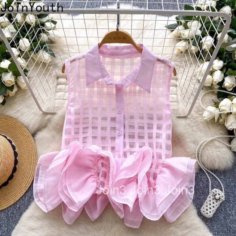 Sleeveless Ruffles Blouse Women Crop Tops 3D Floral Plaid See Through Shirt 2025 Blusas Mujer De Moda Chic Korean Summer Blouses