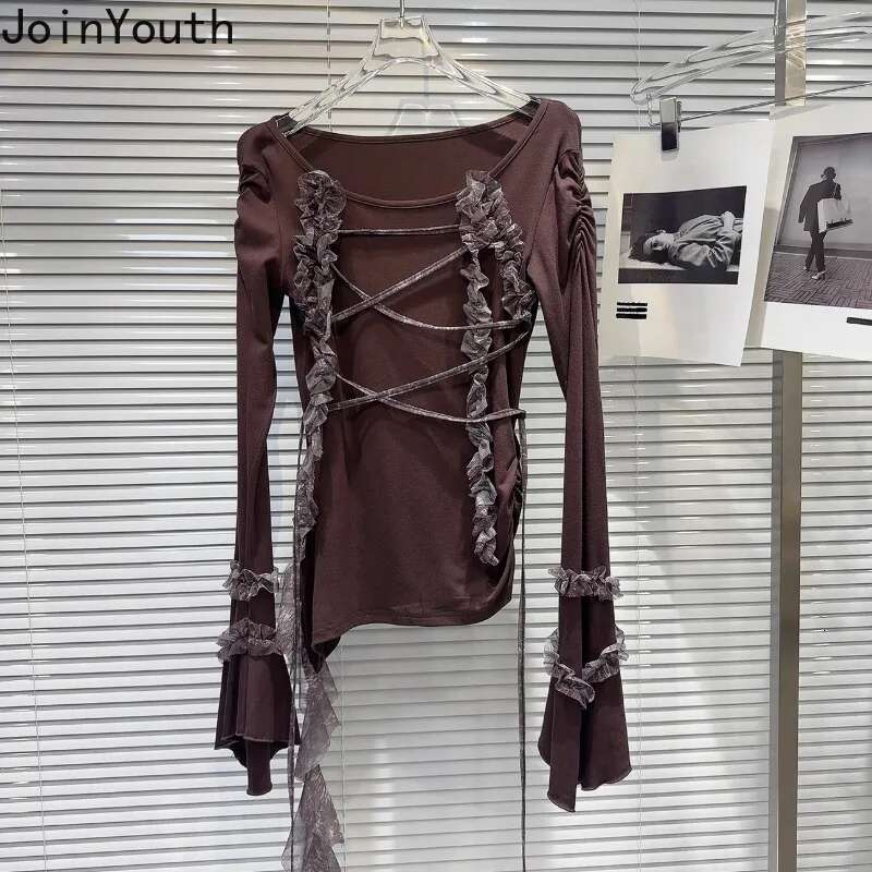 Y2k Tshirts Women Long Sleeve O-neck Tunic Tees Patchwork Gauze Ruffles Tassel Camisetas Fashion Sexy T-shirts 2025 Ropa Mujer
