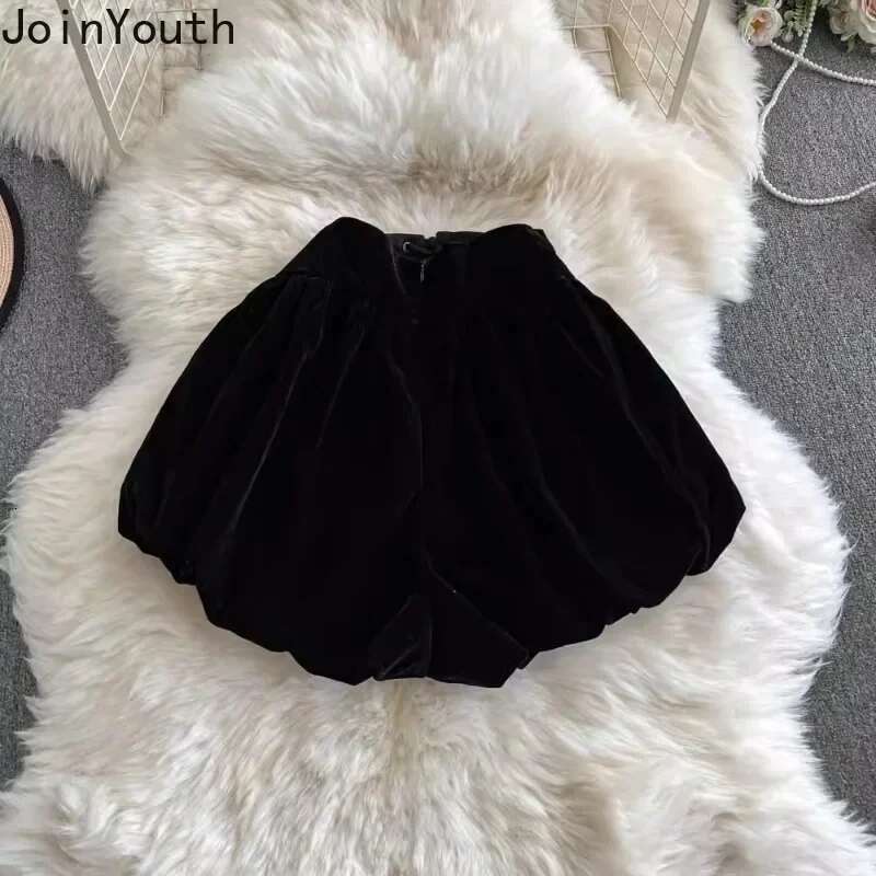 High Waist Black Women Shorts 2025 New Bottoms Bandage Fashion Sweet Black Booty Shorts Cute Velvet Pantalones Cortos De Mujer