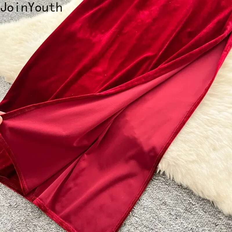 Temperament Robe Femme Vintage Loose Dresses for Women Heavy Sequin O-neck Split Velvet Maxi Dress 2025 Vestidos De Mujer 7p288
