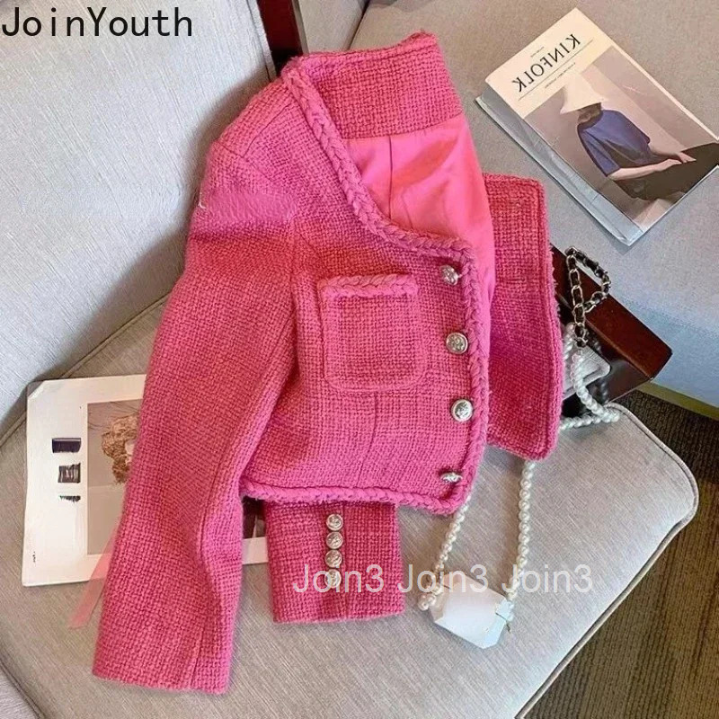 Fall Winter Clothing Fashion Women Coat Square Collar Long Sleeve Pockets Outwear Crop Tops Vintage Tweed Temperament Jackets