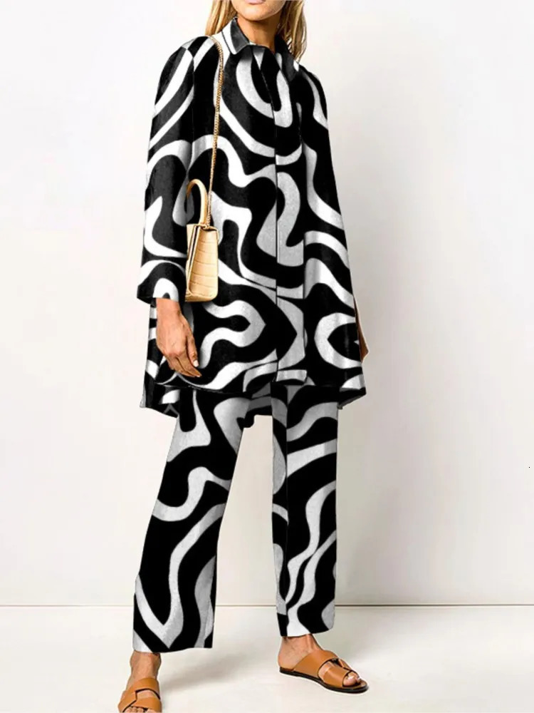 Autumn Vintage Printed Pant Sets Women Long Shirts And Wide Legs Trousers Two Piece Set Fashion Trendy Streetwear Lady Suits 250617
