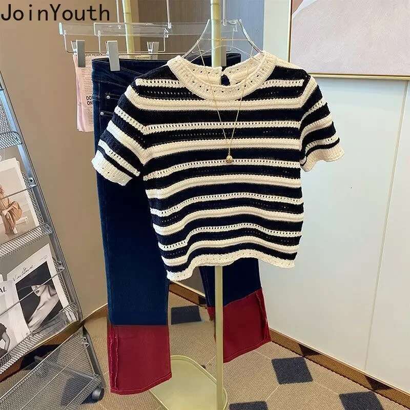 Striped Tshirts Women Clothing O-neck Short Sleeve Summer Tees Fashion Hollow Out Knitted Casual T Shirts Tops 2025 Ropa Mujer