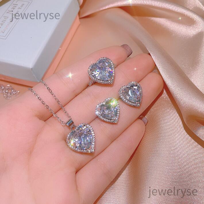 Choucong Brand Wedding Jewelry Set 925 Sterling Silver Luxury Sweet Cute Heart Pendant Pear Cut White Topaz CZ Eternity Diamond Stud Earring Women Bri