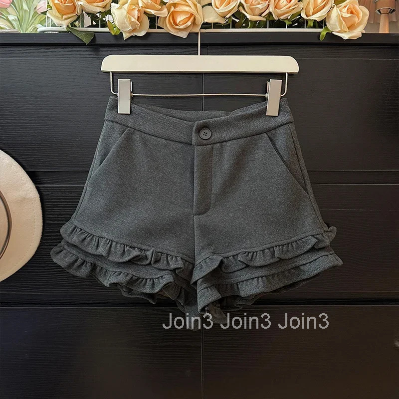 Sweet Women Shorts 2025 New Bottoms Temperament Woolen Wide Leg Pants Ruffles Fashion Thicked Tunic Pantalones Cortos De Mujer