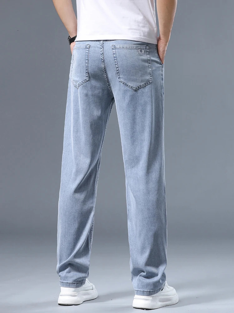 Summer Ultra-thin Mens Jeans Lyocell Soft Breathable Loose Straight Light Blue Denim Pants Business Casual Ice Silk Trousers 250618