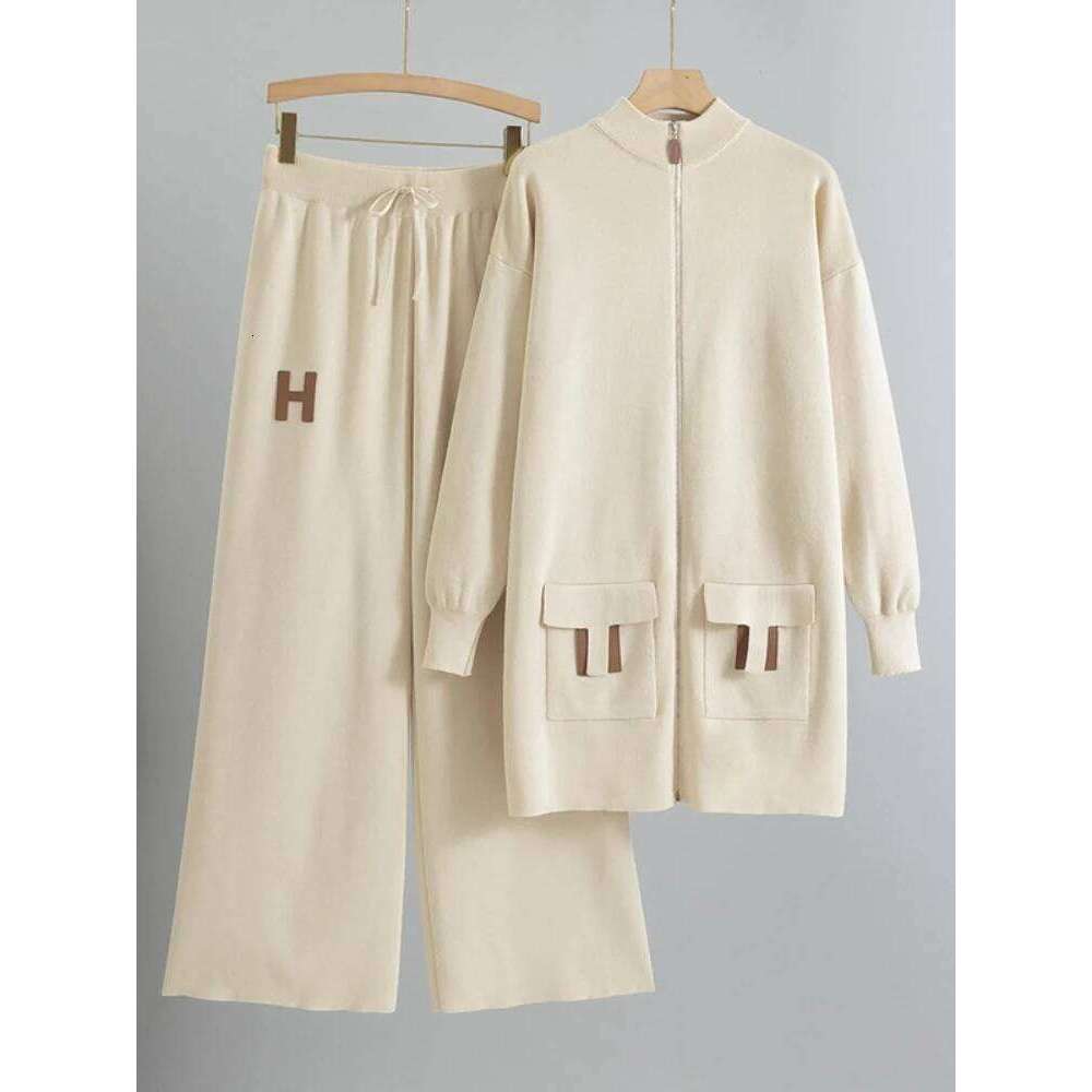 Designer Leisure High Quality European and American style suit zipper loose knit sweater long top+drawstring wide leg pants casual temperament 2piece 