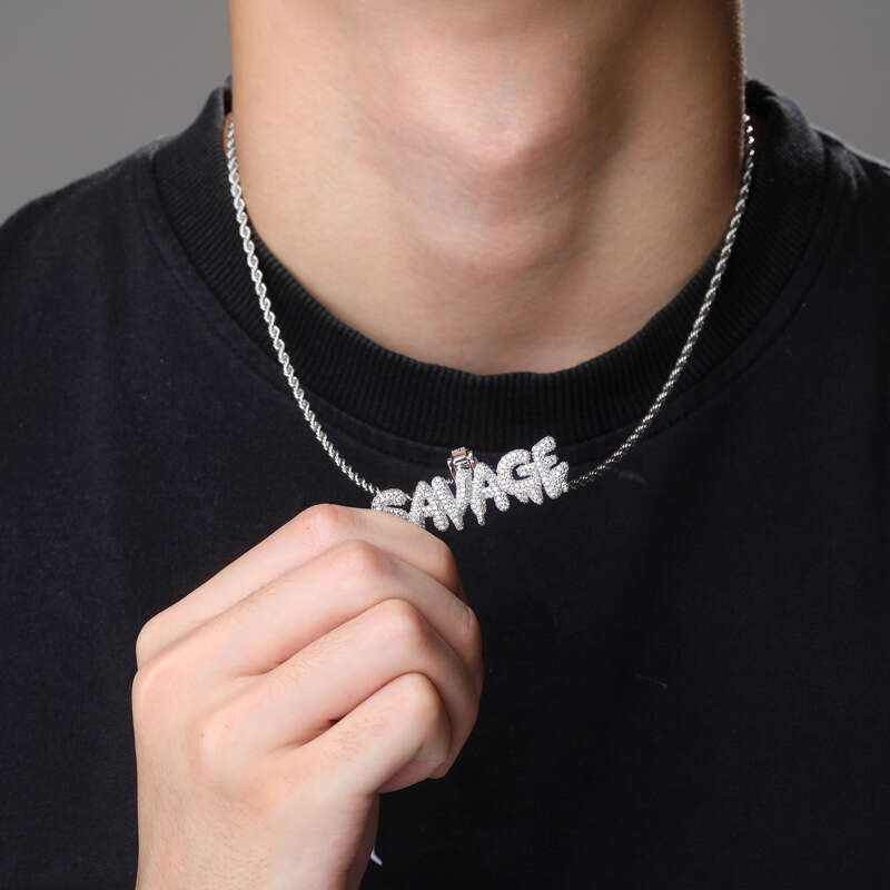 Jewelry SANAGE English Letter Rap Hip Hop Pendant Full Dia Micro Inlaid Men's Trendy Necklace