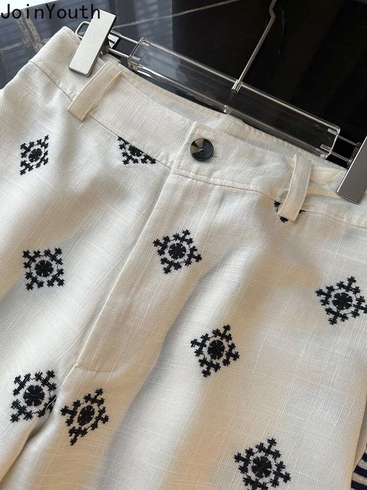 Summer Print Wide Leg Pants for Women New Bottoms Vintage Embroidery Straight Trousers Casual Fashion High Waist Pantalon Femme