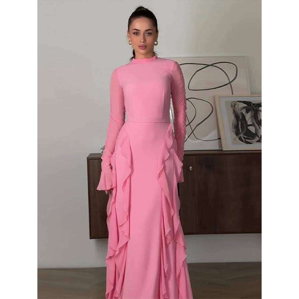 Solid Side Ruffle Women Long Dresses Elegant O Neck Butterfly Sleeve Female Dress 2024 New Chic Autumn Evening Party Muslim Robe