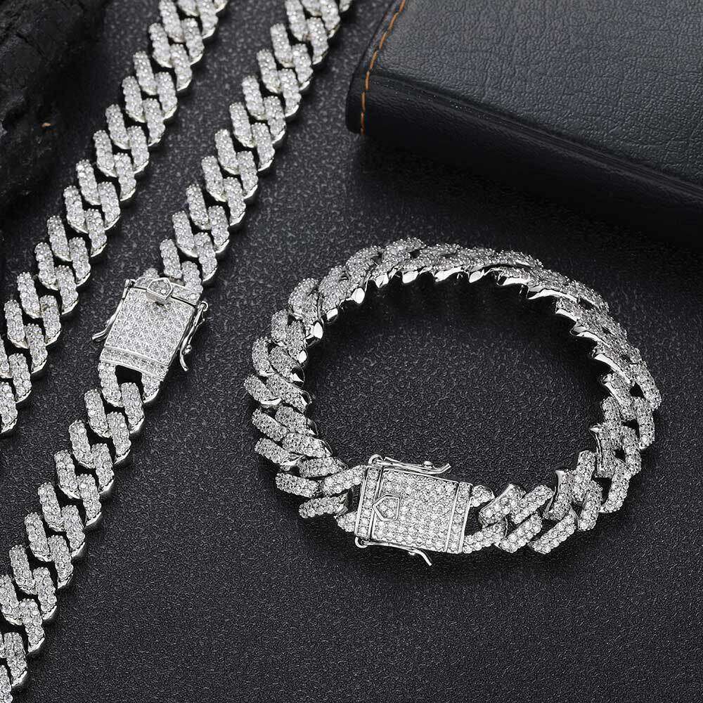 Trendy Bracelet 12mm Double Row Zircon Dia Cuban Necklace Men's Hip Hop Jewelry 6a8e