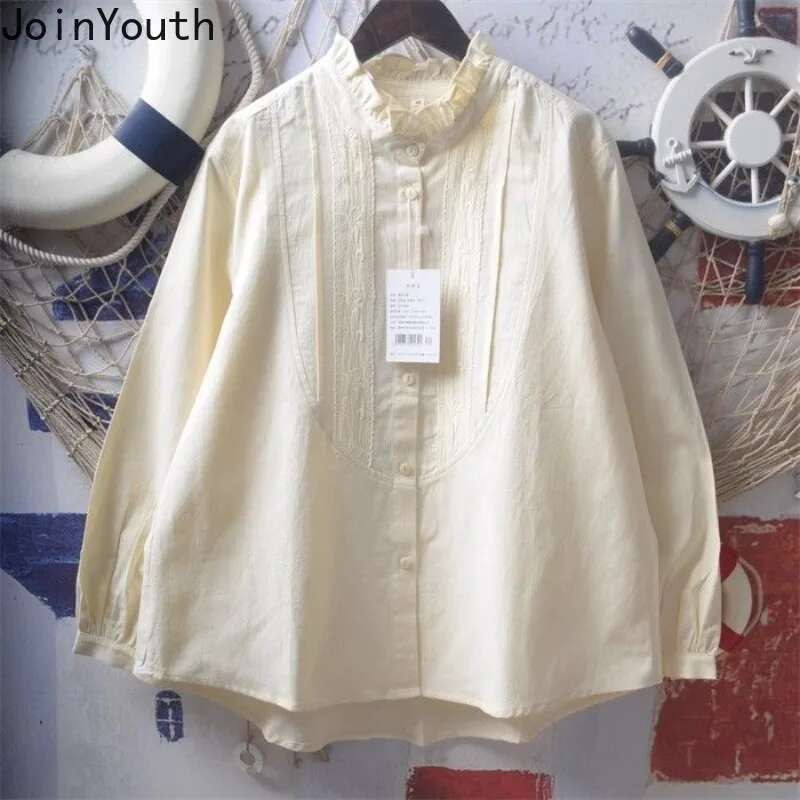 2025 Blusas Mujer De Moda White Blouses for Womens Stand Neck Long Sleeve Loose Shirts Embroidery Sweet Japanese Blouse Tops