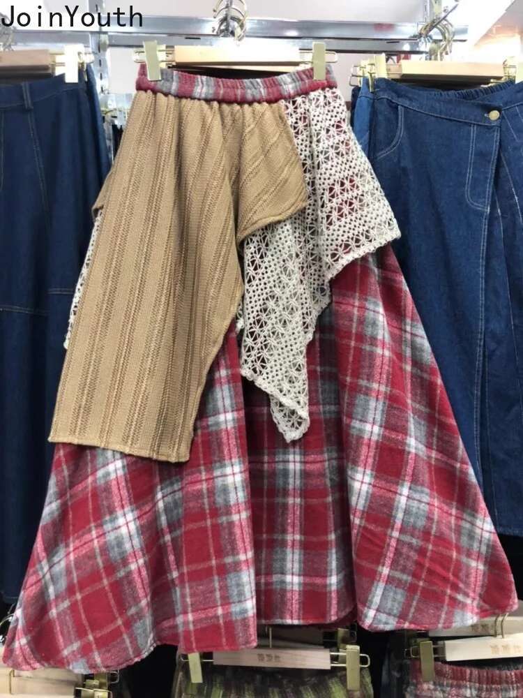 Fashion Skirts Womens Patchwork Plaid A-line Jupe Korean Saia High Waist A-line Irregular Y2k Skirts 2025 Faldas Mujer De Moda