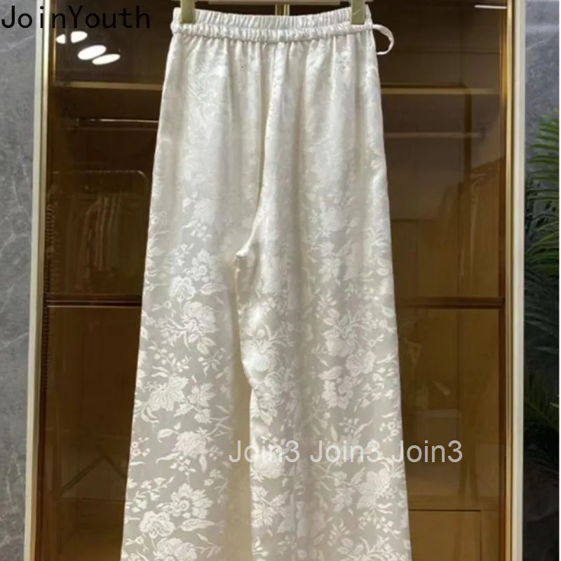 Chinese Style Summer Wide Leg Pants for Women High Waist Striped Floral Trousers 2025 New Bottoms Vintage Pantalon Femme 27v415
