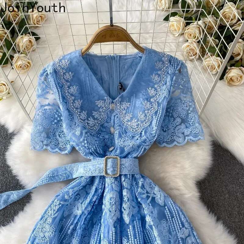 Temperament Robe Femme Summer Elegant Dresses for Women 2025 Vestidos De Mujer V-neck Short Sleeve Tunic Lace Beading Maxi Dress