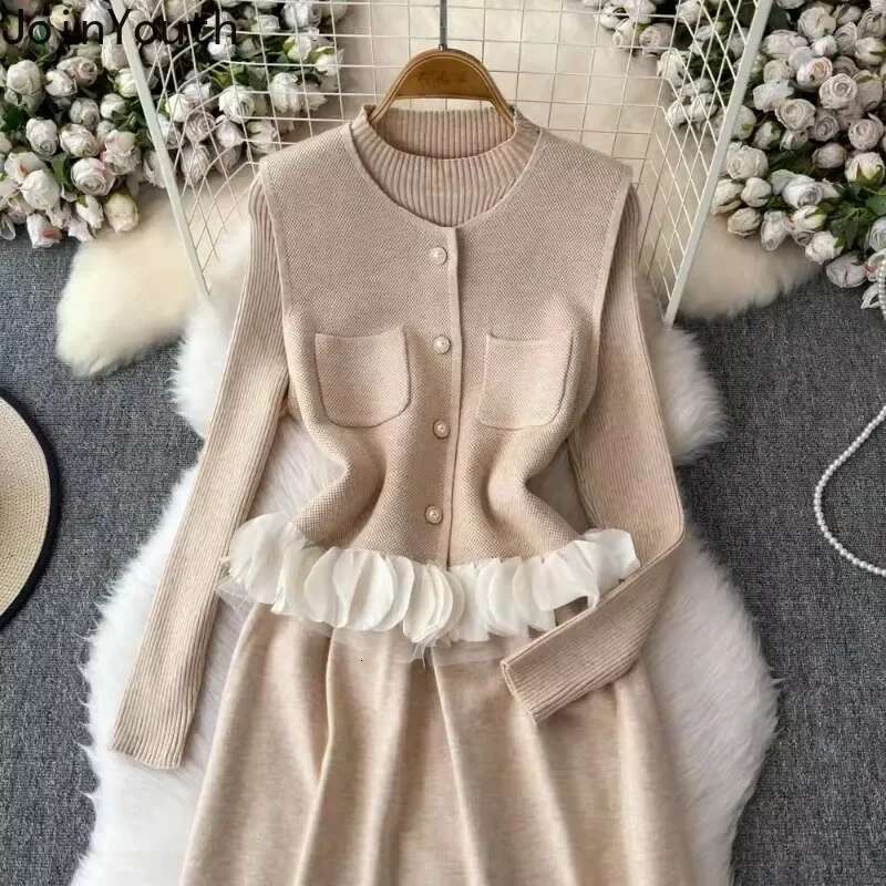 Women Clothing Knitted Outfits Two Piece Sets Long Sleeve Tunic Dresses Ruffles Single Breasted Vest Suit Vintage Korean Set