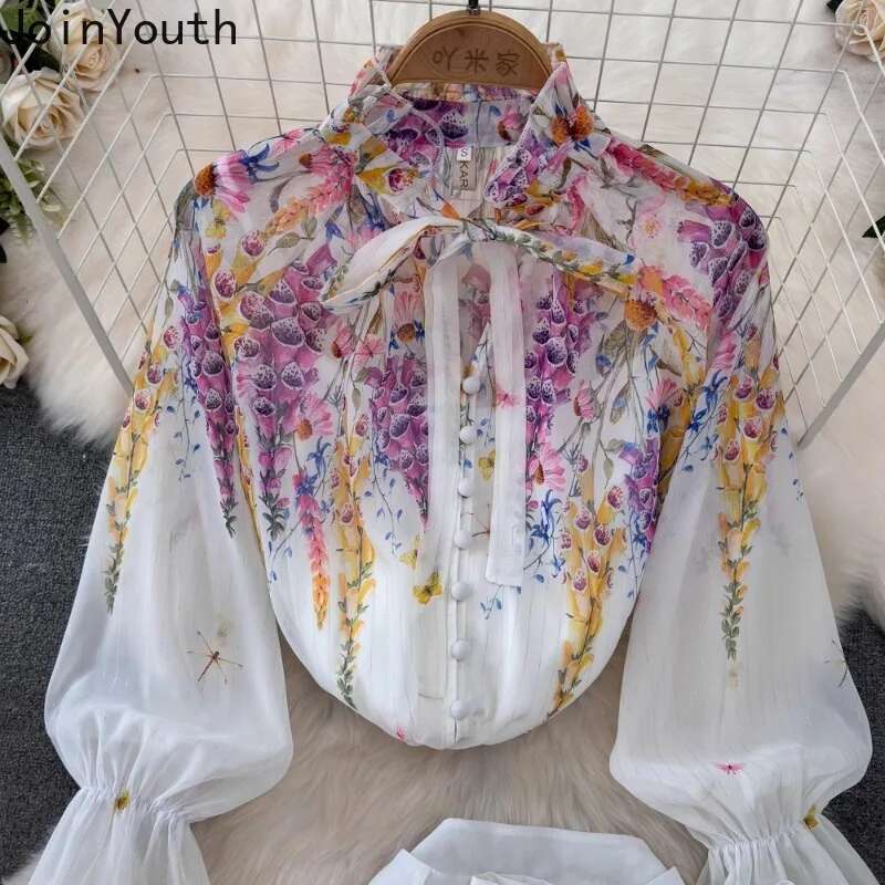 Floral Vintage 2 Piece Sets 2025 Women Clothing Stand Neck Bandage Blouses High Waist A-line Big Swing Suit Chic Summer Outfits