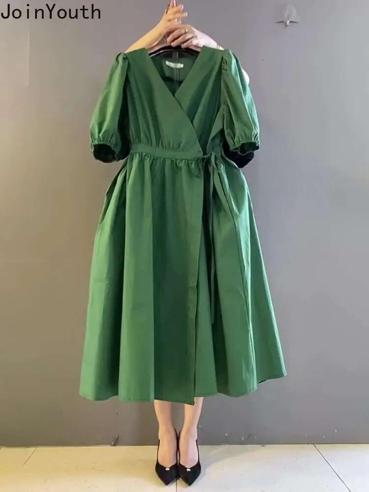 Vintage Dresses for Women Loose Temperament Robe Femme V-neck Puff Sleeve Bandage A-line Summer Dress 2025 Vestidos De Mujer