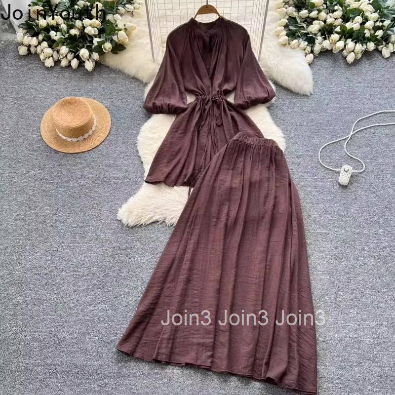 Skirt Outfits Summer 2 Piece Set Womens Clothing Bandage Long Blouses High Waist A-line Skirts Suit Roupas Femme Vintage Sets