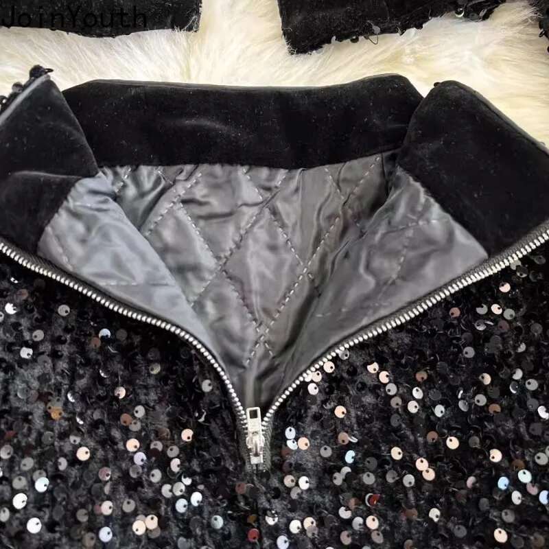 Temperament Women Clothes Chic Black Set Two Piece Sets Beading O-neck Crop Jackets Bodycon Mini Skirt Suit Heavy Sequin Outfits