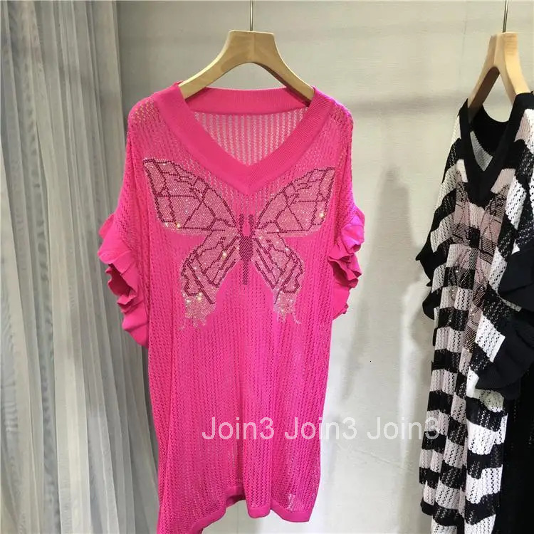 Diamond Oversized Tshirts for Women Knitted Thin Tees Hollow Out V-neck Butterfly Casual Y2k Tops Fashion Ruffles Korean T Shirt