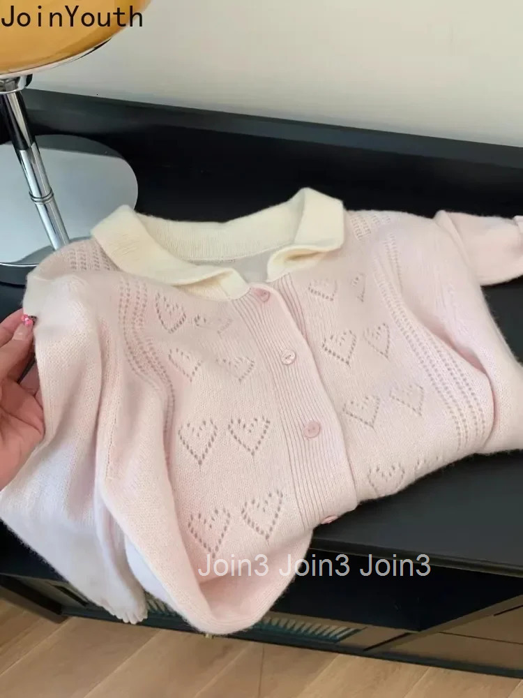 Pink Cardigan Coat Fall Winter Women Clothing Pull Femme Korean Sweet Sueter Mujer Love Crochet Casual Vintage Knitted Sweater