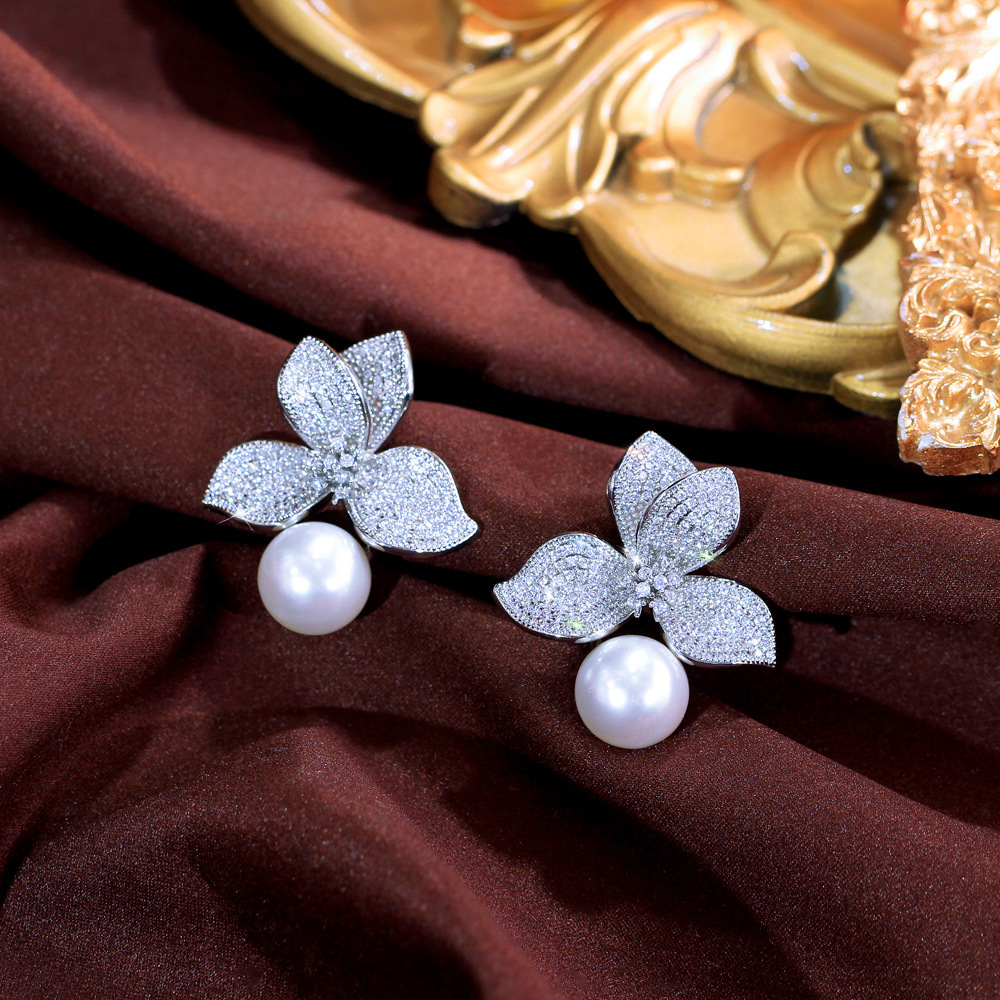Choucong Ins Top Sell Luxury Jewelry 925 Sterling Silver Pave White Zircon Large Pearl CZ Diamond Party Stylish Women Wedding Flower Bridal Stud Earri
