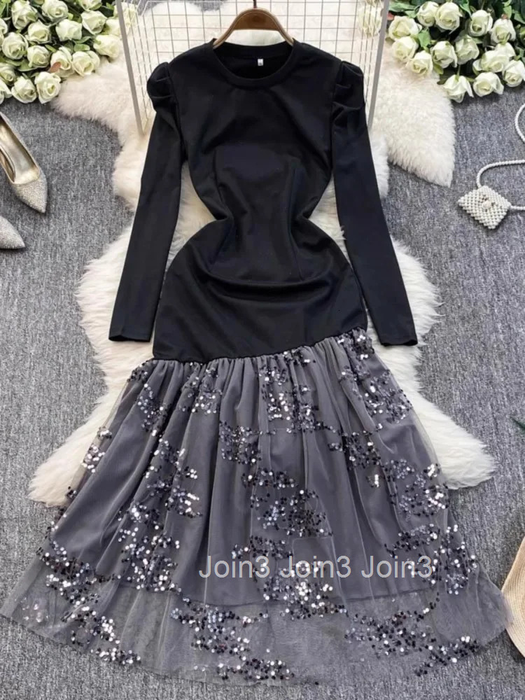 2025 Vestidos De Mujer Gauze Patchwork Sequin Knitted Dresses Tunic Temperament Robe Femme Contrast Color Bodycon Party Dress