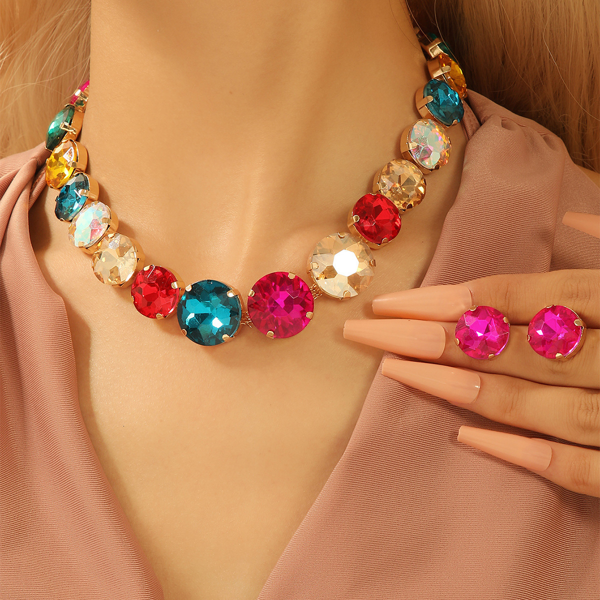 American Style Simple And Earring Set Inlaid Corful Long Necklace Fashion Sweet Earrings