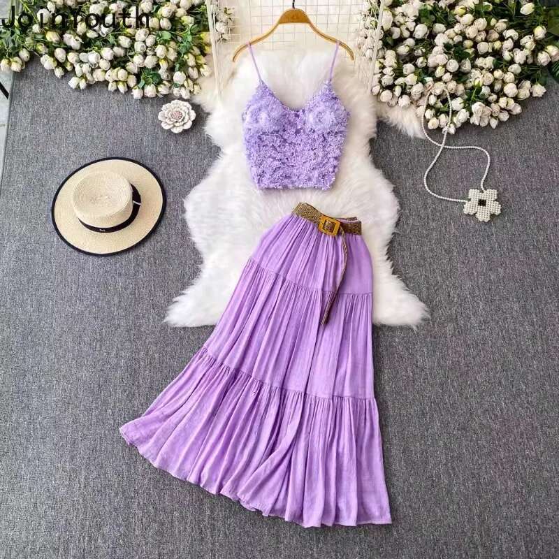 Women Clothing Two Piece Sets 3D Floral Tunic Sequin Vest Crop Tops High Waist Ruffles Skirt Outfits Fashion Korean Summer Suit