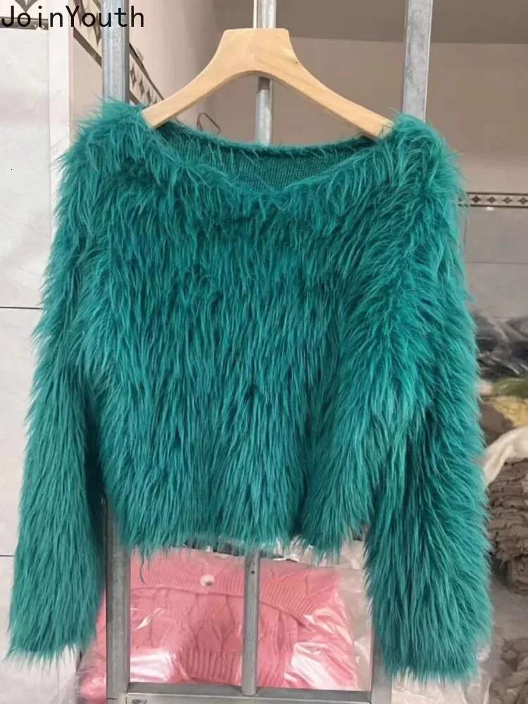 Furry Jumper Knitwear Pullovers 2025 Women Clothing Long Sleeve O-neck Temperament Pull Femme Fashion Sweet Knit Cropped Sweater