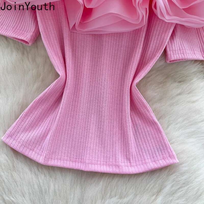 Sweet Woman T Shirts Slash Neck Off Shoulder Ruffles Tops 2025 Ropa Mujer Fashion Summer Camisetas Slim Fit Korean Tshirt Tees