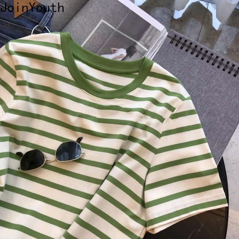 Cotton Shirts for Women Striped Chic T Shirts 2025 Ropa Mujer Short Sleeve O-neck Tees Casual Korean Y2k T-shirts Oversized Tops