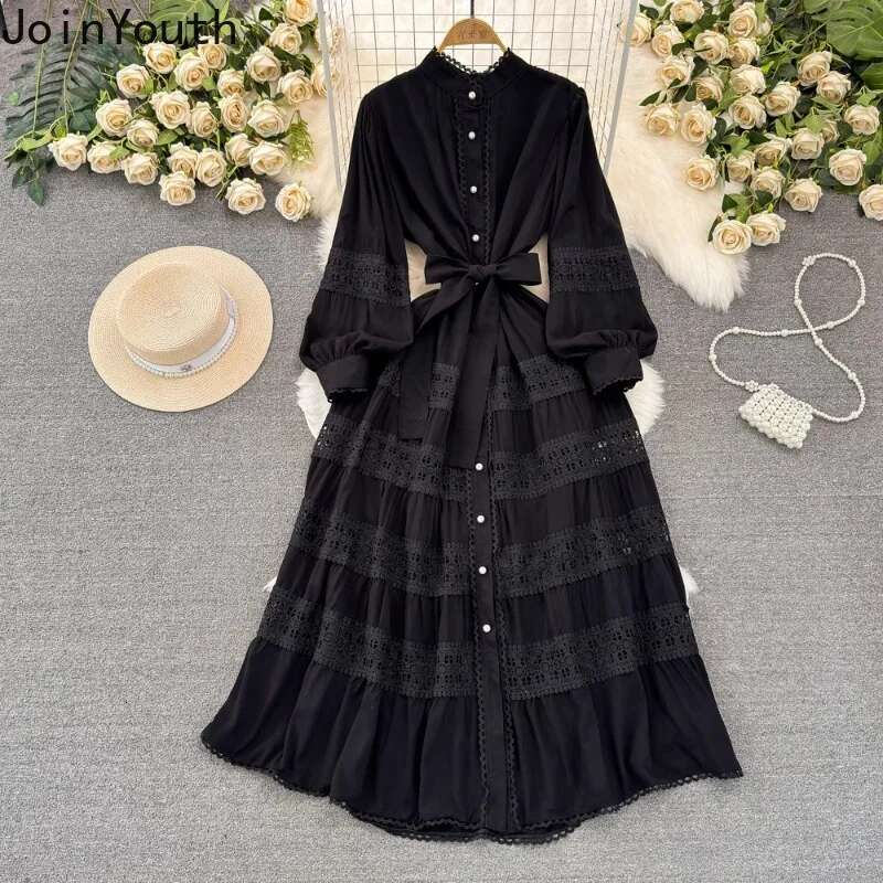 2025 Vestidos De Mujer Elegant Dresses for Women Slim Waist Lantern Sleeve Big Swing Robe Femme Patchwork Lace Maxi Dress 63c585