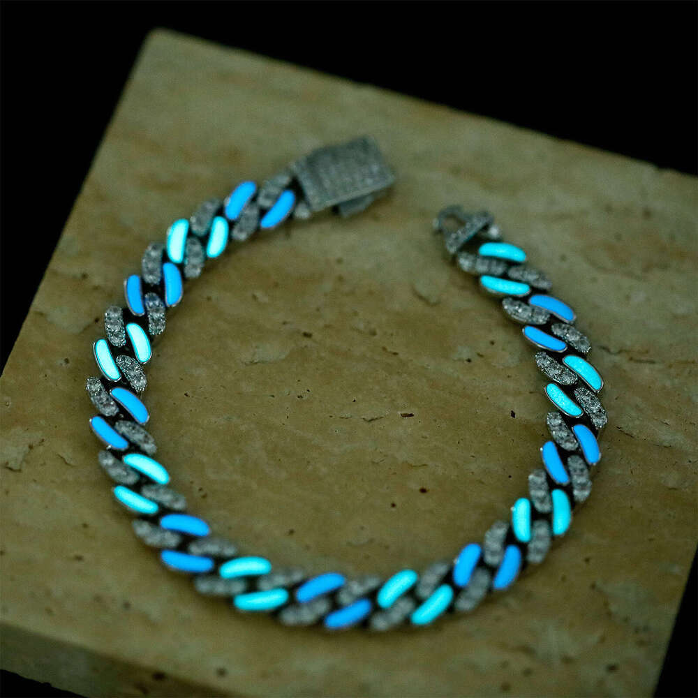 Summer Chinese Style Trend 8MM Full Dia Luminous Cuban Chain Hip-Hop Bracelet for Men Nightclub Disco Essential Accessory