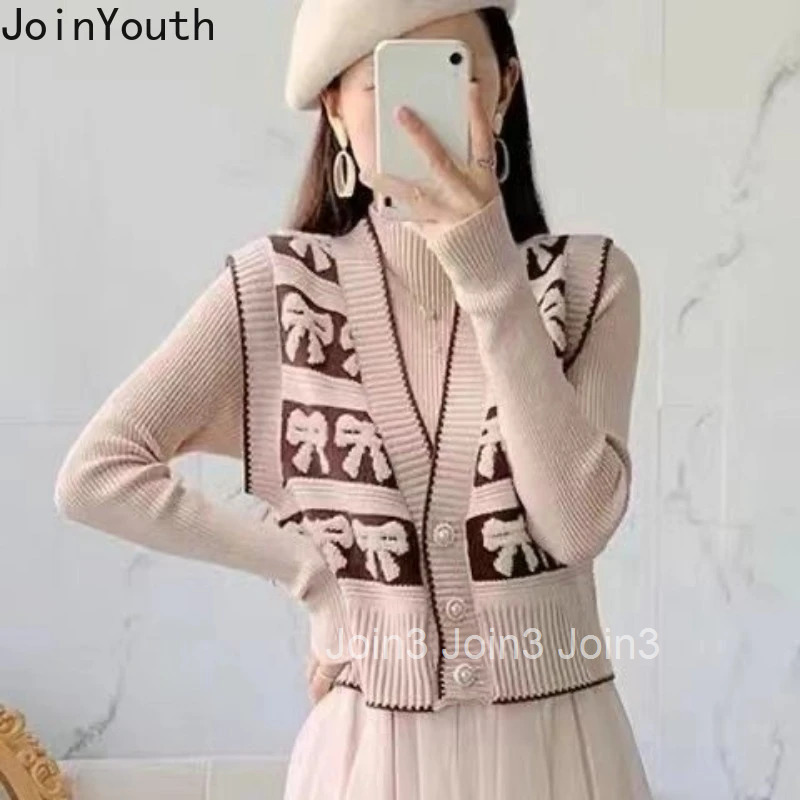 Vintage Sweater Vest Coat Women Clothing V-neck Sleeveless Bow Waistcoat 2025 Ropa Mujer Loose Fashion Korean Knitted Tanks Tops