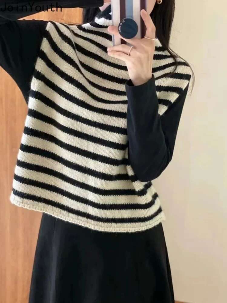 Striped Sweater Vest Womens Clothing Turtleneck Sleeveless Casual Waistcoat Y2k Tops Fashion Knitted Korean Tanks Ropa Mujer